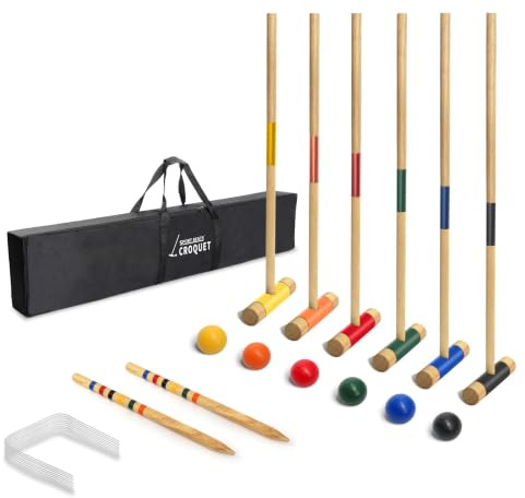 SPORT BEATS Krocket-Set für sechs Spieler – Rasenspiel aus Gummibaumholz | 6 Schlägel, 6 Bälle, 9 Wickets, 2 Heringe & Tragetasche, Allwetter-Hinterhof-Outdoor-Spiel für Erwachsene, Familie