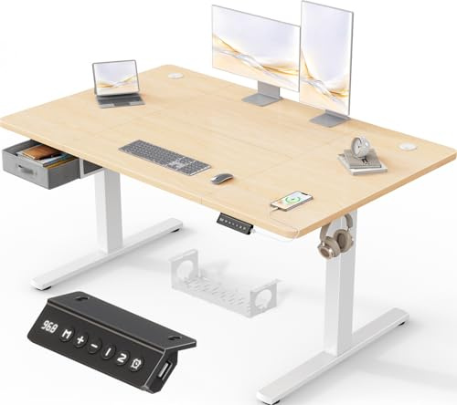 Devoko Scrivania Elettrica Regolabile In Altezza 140 x 80 cm, Ufficio 4 Sezioni Con Funzione Di Memoria, Cassetti, Porte Usb E Sistema Di Gestione Cavi, Beige