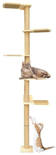 Dromzen Albero Tiragraffi per Gatti a 5 Livelli (205 cm), Torre per Gatti, Mensole da Parete, Mensola da Arrampicata in Legno per Arrampicare, Graffiare, Giocare, Altezza Regolabile