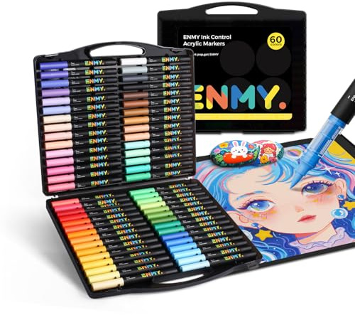 ENMY 60 Colours Acrylic Markers, High-Opacity Brush Tip Paint Pens | Direct liquid ink system; Smooth colour flow; Flexible 1–5mm strokes; Quick-dry, water-resistant; Anime, manga & illustration