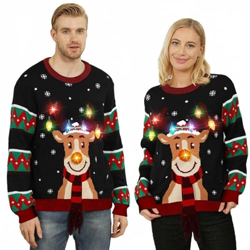 Kouric Jersey Navideño con Luces,Jersey Navideño Feo con Estampado de Reno con Bufanda,Ugly Christmas Sweater,Suéter Navidad Mujer/Hombre,Jerseys Navidad Pareja,Jerseys Navideños Negro