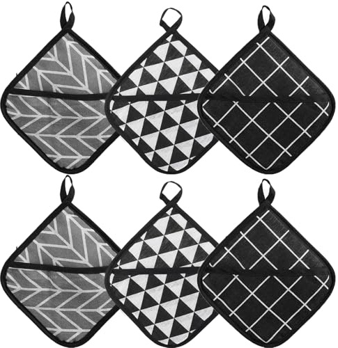 Tarqite 6er Topflappen Set, 18 * 18cm Topflappe Baumwolle mit Tasche, Hitzebeständige Topflappe, Quadratischer Waschbare Topflappen mit Karomuster, Dreiecks- und Rautenmuster für Küche Kochen Backen