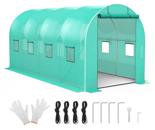 Serre en film avec fondation en acier, 1 porte et 8 fenêtres, tunnel en acier galvanisé avec ancrage au sol et film de protection renforcé, résistant à l'hiver pour tomates, etc. 210 x 450 x 210 cm