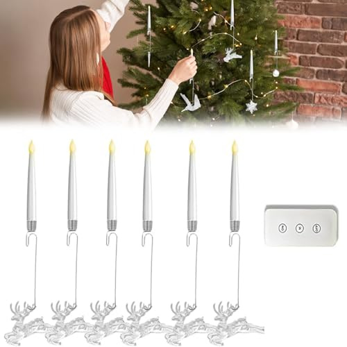 6PCS Christmas Tree Candles with Remote, Flickering Flameless Candles for Christmas Tree, Battery Operated Christmas Candles with Snowflakes, Crystal Balls,Birds or elk, for Home, Party Decor (E)