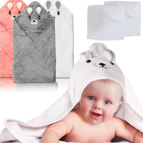 3 Stück Kapuzenhandtuch Baby - 80 x 80 cm Handtücher Badetuch, Kapuzenhandtuch Baby, Niedliches Handtuch Mit KapuzeWeiche Babyhandtuch mit 2 Stück Quadratische Handtücher für Kleinkinder Neugeborene