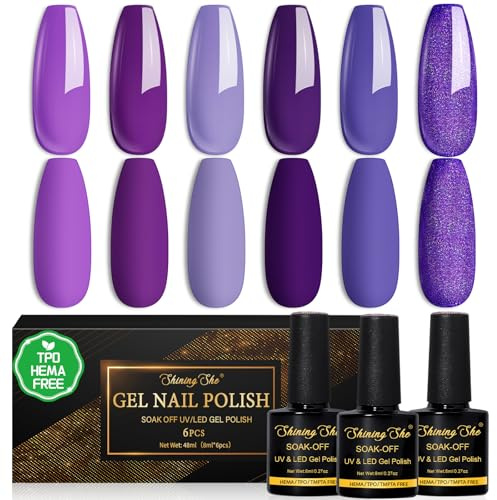 Shining She UV nagellack lila, 6 färger HEMA-Free TPO-Free gel nagellack uv violett mörklila lavendel lila glitter lila blötläggning UV gel nagelpolish för nybörjare manikyr salong gör-det-själv hemma