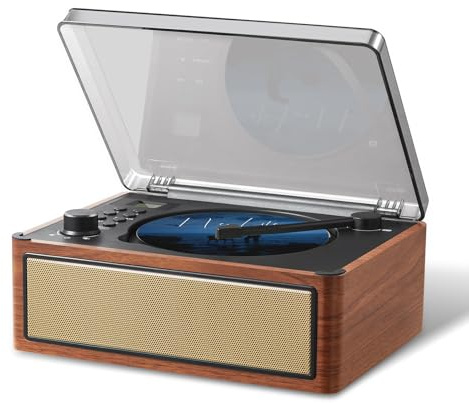 Gelielim Desktop CD Player Boombox, Rechargeable Battery Portable CD Player with Bluetooth Input/Output, Retro Wooden CD Record Player for Home & Travel, Support FM Radio/AUX/USB (Brown)
