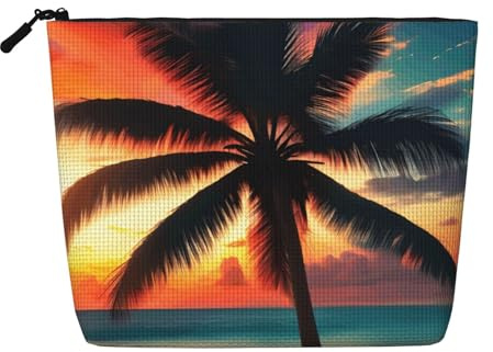 DRTGEDS Tropical Beach Palm Tree Sunset Daily Pouch Cosmetic Bag Fake Hemp Large Organizer For Travel Toiletry Water Resistant