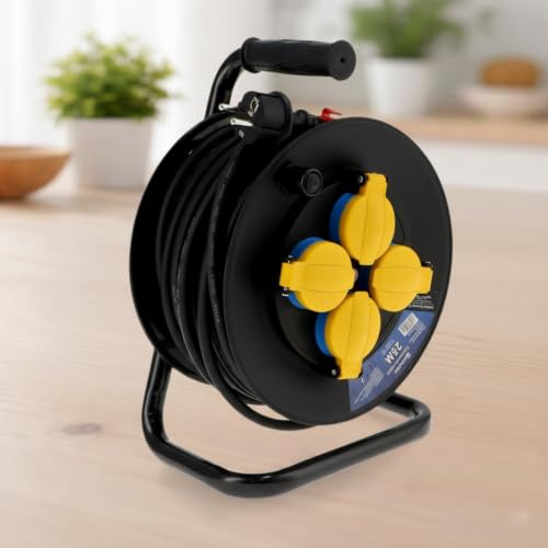 M mimotec - Enrollacables Exterior 25 Metros IP44 4 Tomas 3200W 16A | Cable H05RR-F 3x1,5 mm² | Carrete Eléctrico con Protección Infantil | Ideal para Jardín, Obras, Taller y Uso Exterior