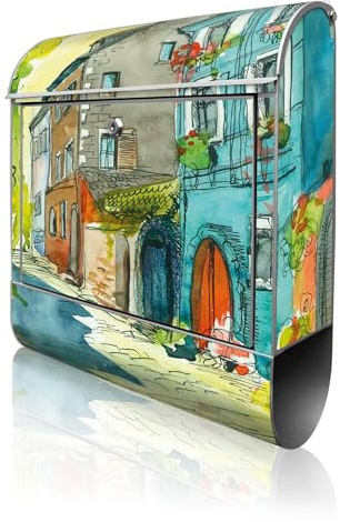 banjado Design Briefkasten 38,5x46,5x13cm & 2 Schlüssel - Briefkasten Stahl Silber mit Zeitungsfach pulverbeschichtet - Postkasten A4 Einwurf inkl. Montagematerial - Motiv Historischer Stadtkern