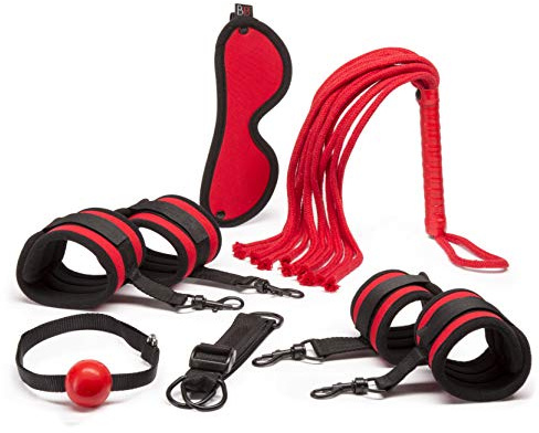 Lovehoney Bondage Boutique Red Hot Passion Bondage Kit - Includes Cuffs, Blindfold, Ball Gag, Rope Flogger & Strap - Beginner Set for Couples - 6 Piece - Red/Black