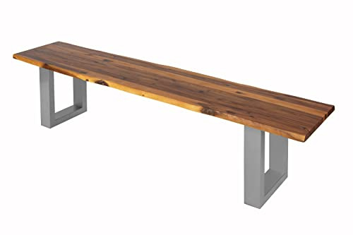 SAM Sitzbank 200x40 cm Esra, Akazien-Holz, Massive Holzbank, Baumkantenbank mit Silber lackierten Metallbeinen