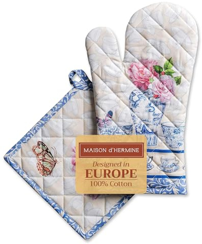 Maison d' Hermine 100% Cotton Oven Mitt & Pot Holder Set (19 x 33 cm & 20 x 20 cm) Heat Resistant BBQ Cooking Gloves with Loop for Baking Handling Hot Pans Valentines Gifts for Her (Canton)