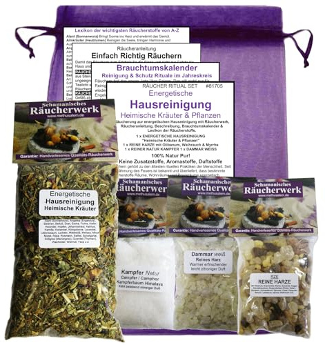 ENERGETISCHE Hausreinigung HEIMISCHE KRÄUTER & Pflanzen 9-TLG Räucherset. 4 x Räucherwerk + Harze/Weihrauch + Naturkampfer + Dammarharz mit Räucherlexikon, Brauchtumskalender & Säckchen. 81705-1