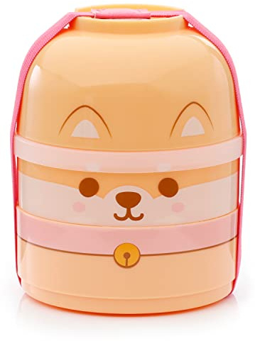 Puckator Adoramals Pets Shiba Inu Dog Stacked Round Bento - Lunch Box for Adults and Kids with Compartments - Snack Box - Food Containers with Lids - Stackable Snack Pots for Kids Meal Prep Container