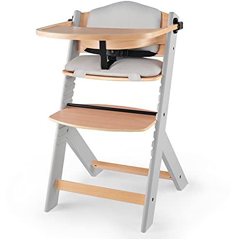 Kinderkraft Kinderhochstuhl aus Holz ENOCK 3 in 1, mit Kissen, Niedriger Babystuhl, Abnehmbare Schutzbügel und Gurt, Rückenlehnenverstellung, ab 6 Monaten bis 10 Jahre, Grau