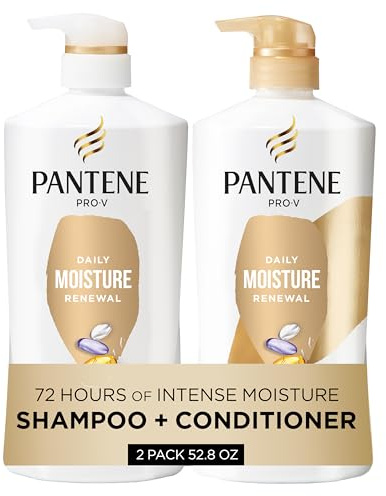 Pantene Shampoo & Conditioner Set, Daily Moisture Renewal - Pro-V Nutrients for Dry, Color-Treated, Straight to Curly Hair, 72-Hour Hydration & Softness, 52.8 Oz Total + Miracle Rescue Shot (0.5 Oz)