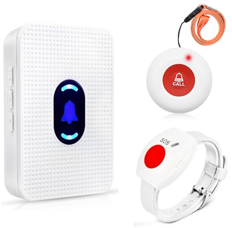 DAYTECH Wireless Personal Alarms for Elderly Call Button for Elderly Wrist Alarm Panic Button Call Bell for Home Disabled Patient Seniors with 1*UK Plug-in Receiver +1*Wrist Button+ 1* Call Button