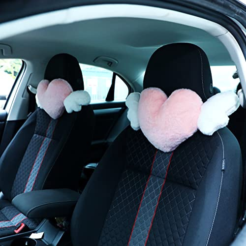 Macarrie 2 Pcs Plush Heart Shaped Pillow with Angel Wings Car Headrest Soft Comfortable Seat Pillow for Driving Travelling Room Office Car Decor, 19.7 x 8.3 Inch(White, Pink)