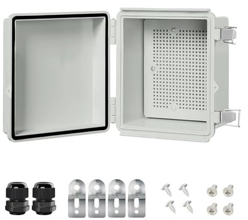 LeMotech Electrical Box, IP67 Waterproof Hinged Cover Stainless Steel Latch Junction Box, ABS Plastic Electrical Enclosure with Mounting Plate,Wall Brackets, Cable Glands,5.9x5.9x3.5,Grey