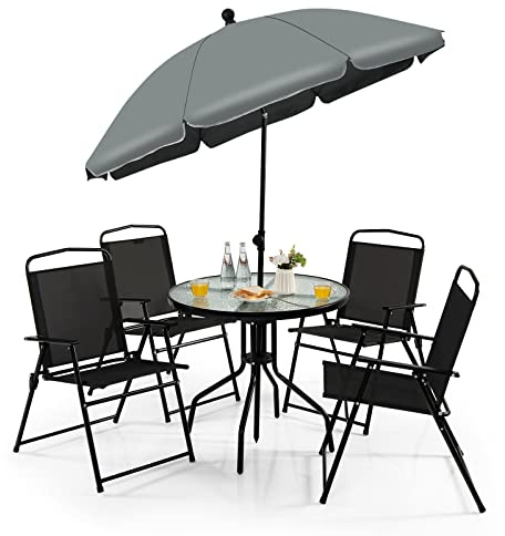GYMAX Set Tavolo da Patio con Ombrellone Regolabile 6 Pezzi, Tavolo Rotondo da 80 cm e 4 Sedie Pieghevoli, Telaio in Acciaio Robusto, Base Incorporata, Set di Mobili da Pranzo per Esterni