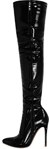 11CM/4.33IN Inverno Stivali Lunghi Donna Sexy Toe Punta Alta Stiletto in Vernice Lato Cerniera Elastico Stivali Ginocchio di Grandi Dimensioni,Nero,38 EU