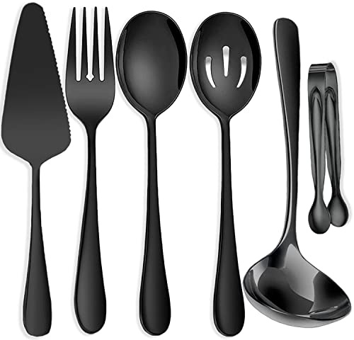 IAXSEE 6 PCS Stainless Steel Serving Utensils, Large Serving Spoons Slotted Spoons, Forks, Ice Suger Tongs, Cake Server, Soup Ladle, Metal Utensils Set Great for Buffet Catering Banquet Party, Black