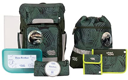 SCHOOL-MOOD - Softbag Schulranzen Set Dinosaurier, 8-teilig - Rebel Air+ - ergonomischer Schultasche Jungen & Mädchen - Schulrucksack für Kinder in der 1. bis 4. Klasse - Daniel (Dinosaurier)