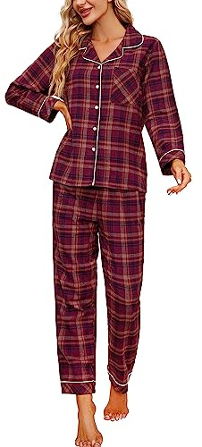 HEARTNICE Damen 100% Baumwolle Schlafanzug Pyjama weich kariert Langarm Flanell warm Pyjamas Set Button Down gewebt Lounge Set lang (Weinrot Braun kariert, L)