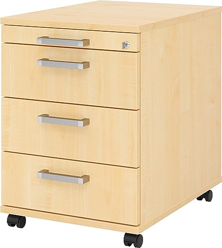 bümö Rollcontainer mit Schubladen, Container abschließbar aus Holz in Ahorn - Rollwagen für's Büro als Schreibtisch Unterschrank, Bürocontainer od. Schreibtischcontainer mit Chromgriffe