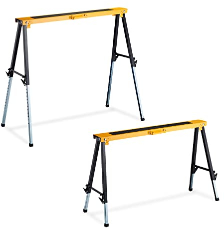 Relaxdays Arbeitsbock 2er höhenverstellbar Caballetes de Trabajo Multiusos, Set de 2, 91,5 x 106 x 50 cm, Altura Ajustable, Asas, Plegables, Amarillo, Acero