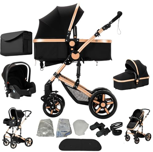 Magic ZC Kinderwagen 3 in 1, Kinderwagen Set Umkehrbarem Doppelschiebemodus, Kombikinderwagen 3 in 1 Großer Bequemer Babywanne, Buggy Rahmen Aluminiumlegierung Faltbar Hohe Landschaft (588 Black Gold)