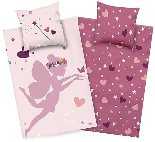 Aminata kids Bettwäsche 135x200 Kinder Mädchen Baumwolle Fee Wende-Kinder-Bettwäsche-Set Prinzessin Herz-en YKK Reißverschluss rosa - Feen Elfe Fairy Einhorn