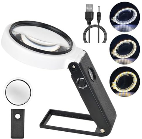 Bysameyee Lupe mit Licht und Ständer, 10-fache, 25-fache Hand-Lupe, große Standlupe mit 32 LED-Lichtern für Enge Arbeit, Münzstempel-Sammlung
