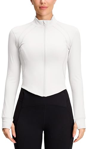 QUEENIEKE Damen Laufjacke Sportjacke Langarm Gym Tops Yoga Fitness Shirt Reißverschluss Leicht Trainingsjacke mit Daumenloch (Weiß, M)