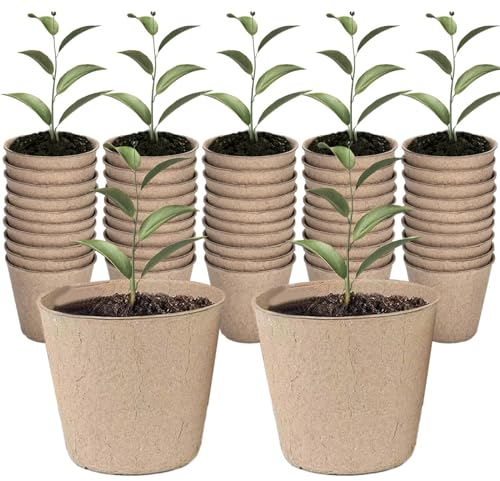 XIZAO Macetas redondas de fibra, biodegradables, macetas de germinación para cultivo de plantas, contenedores compostables, 50 unidades