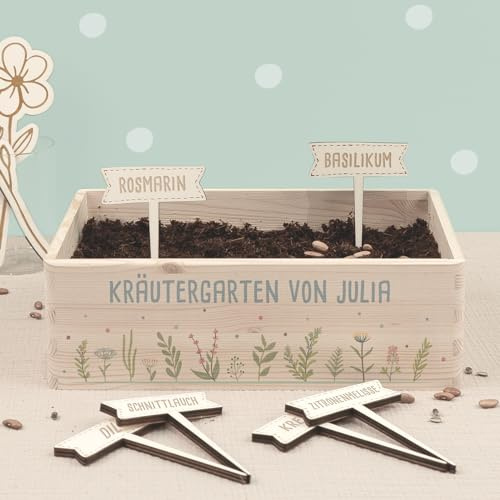hellomini Personalisiertes Saatgut Anzuchtset für Kinder, Mini Gärtner Starter Kit, Garten Holzkiste, Gemüsegarten für Kinder, Kräutergarten, Blumengarten (Kräutergarten, S (30x20x10cm))