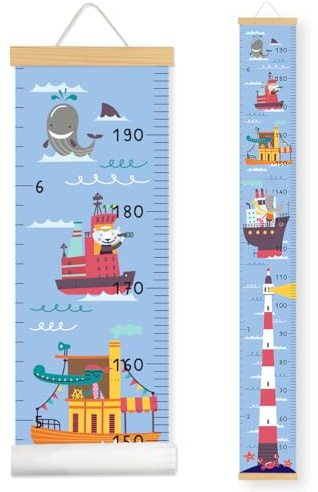 Messlatte Kinder-Wachstum Messlatte-Höhenlineal zum Aufhängen-Abnehmbare Leinwand mit Holzposterleiste - Kinderzimmer Deko und Geschenk zur Geburt(160cm x 20cm) (Blaues, Leuchtturm)