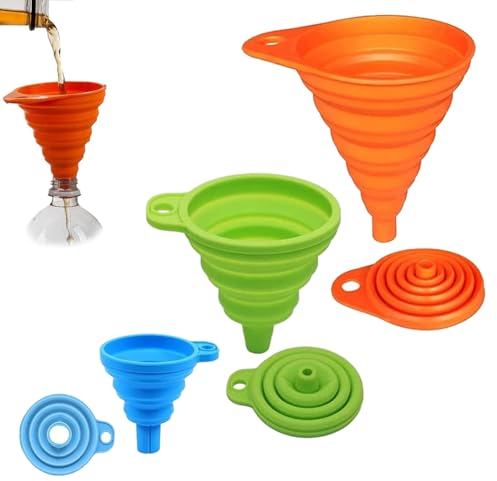 3-Pack Collapsible Silicone Funnels – Small Foldable Funnels in Rainbow Colors for Liquid & Oil Transfer, Bottle Filling, Kitchen Use, Easy Storage