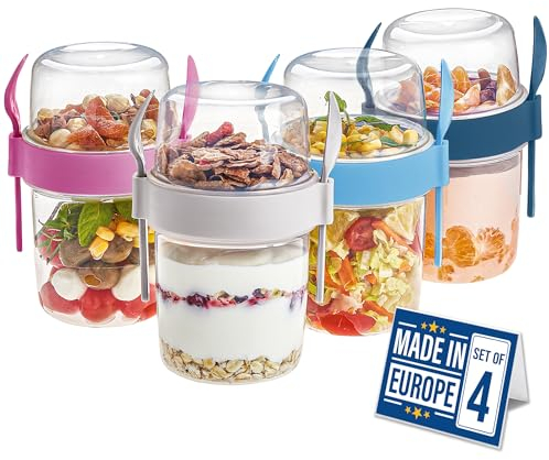 CRYSTALIA Take and Go Yoghurt Pot Set 4 BPA Free Yogurt Pot with Spoon & Fork, Overnight Oats, Dishwasher Safe, Breakfast to Go Muesli To Go Fruit Salad Cups With Lids Breakfast Jar Porridge Container