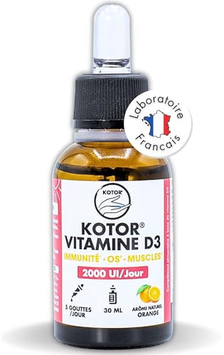 KOTOR VITAMINE D3 NATURELLE 2000 UI | 30ml | Cure de 3 mois | Cholécalciférol issu de Lanoline | Os Dents Muscles Énergie Immunité | Complément Alimentaire | Made in France
