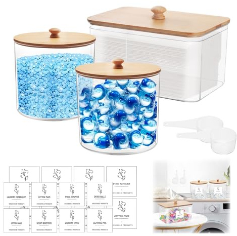 3PCS Laundry Storage Container,Large Capacity Washing Powder Storage Container with Labels,Clear Acrylic Laundry Detergent Storage,Laundry Room Accessories for Fabric Softener, Washing Pods