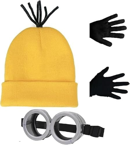 Raqieman 3 Stück Karneval Kostüm Zubehör, Gelb Mütze, Runde Steampunk Brille & Schwarze Handschuhe Set für Männer & Frauen, Gelb Strickmütze für Erwachsene, Halloween, Karneval Kostüm Cosplay