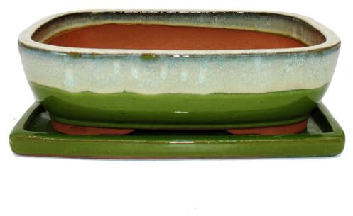 exotenherz Bonsai-Schale mit Unterteller Gr. 6 Grün-Beige rechteckig Modell GB5 L 37cm B 28cm H 10cm