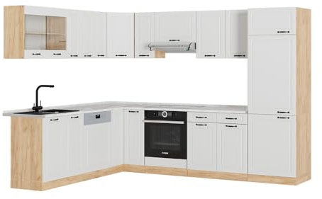 Vicco Eckküche R-Line, Weiß Landhaus/Goldkraft Eiche, 227 x 287 cm, AP Marmor