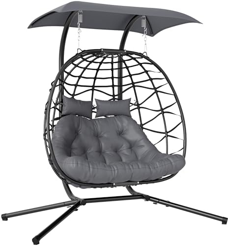 Outsunny Hängesessel mit Gestell faltbar für 2 Personen 260kg Dunkelgrau | Hängekorb mit Kissen, Sonnenschutzdach, Polyrattan Hängestuhl, Outdoor Hängeschaukel, Sessel für Balkon Terrasse