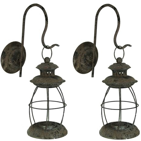 Set of 2 Distressed Black Wall-Mounted Lanterns - Vintage Globe Cage Design - Holds Tea Lights, Votive, or LED Candles - Metal Candle Sconces for Indoor or Outdoor Decor - 16.25 Tall