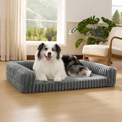 BEDSURE orthopädisches Hundebett Grosse Hunde - 106x76x18cm | wasserdichtes Hundesofa mit Memory-Schaum & Eierkarton-Schaum, waschbarer und abnehmbarer Cordbezug Hundecouch, grau