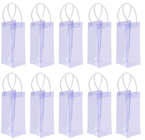 PATIKIL Ice Wine Bag, 10 Pcs Portable Collapsible Clear Wine Pouch Cooler Clear PVC Gift Bags with Handles for Champagne Party Outdoor Cold Beer Chilled Beverages, Purple