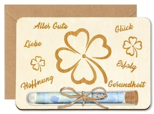 Geldgeschenke Geburtstag Geldgeschenke Verpackung, Originelle Lustige Glücksklee Geldgeschenk Geburtstag aus Holz für Frauen Männer, mit Reagenzgläser und Umschlag